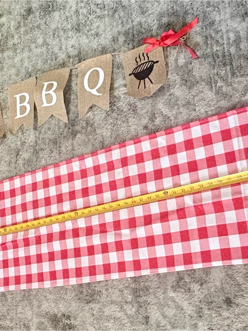 I DO BBQ Burlap Banner with Red Gingham Accents and 4 red gingham table runners - Picture 2 of 7